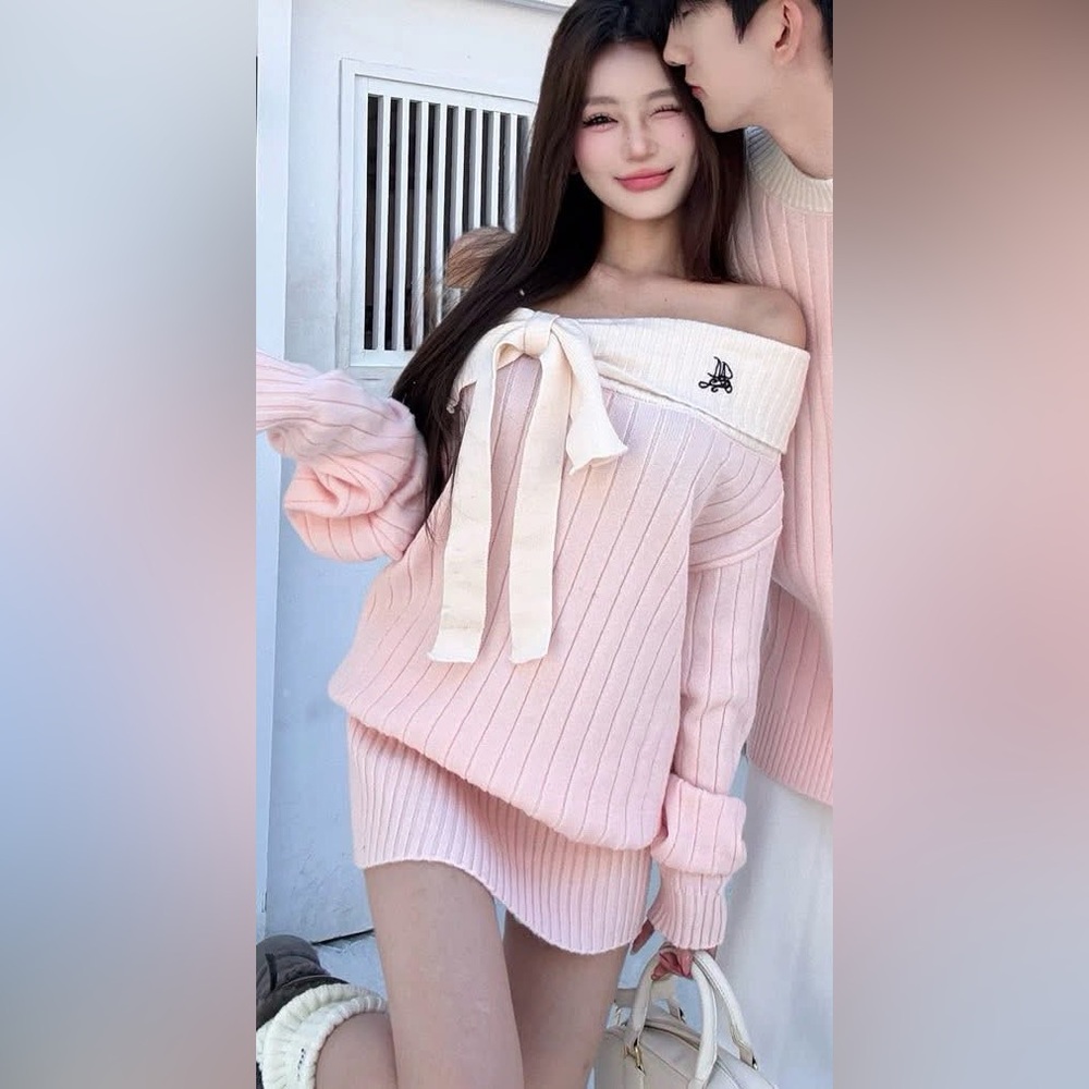 Pink Off-Shoulder Sweater with Bow Detail